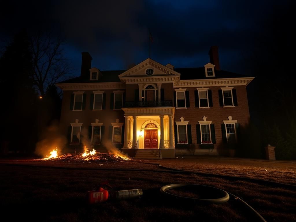 Flick International Night scene of the Pennsylvania governor's mansion engulfed in flames with smoke rising