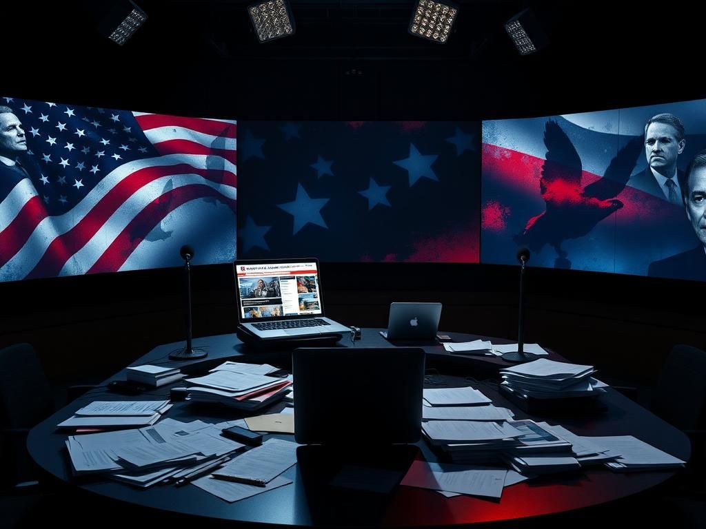 Flick International Darkened newsroom setting with cluttered desk and glowing laptop about political controversies