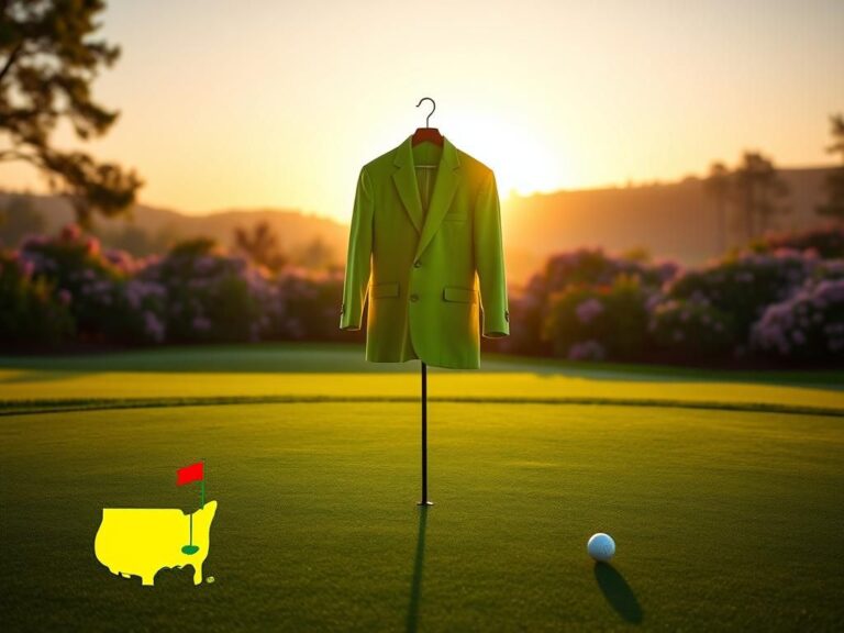 Flick International Pristine green jacket hanging over a golf tee on a lush golf course during golden hour