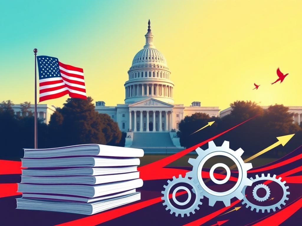 Flick International A vibrant political scene featuring the American Capitol with symbols of governance and urgency