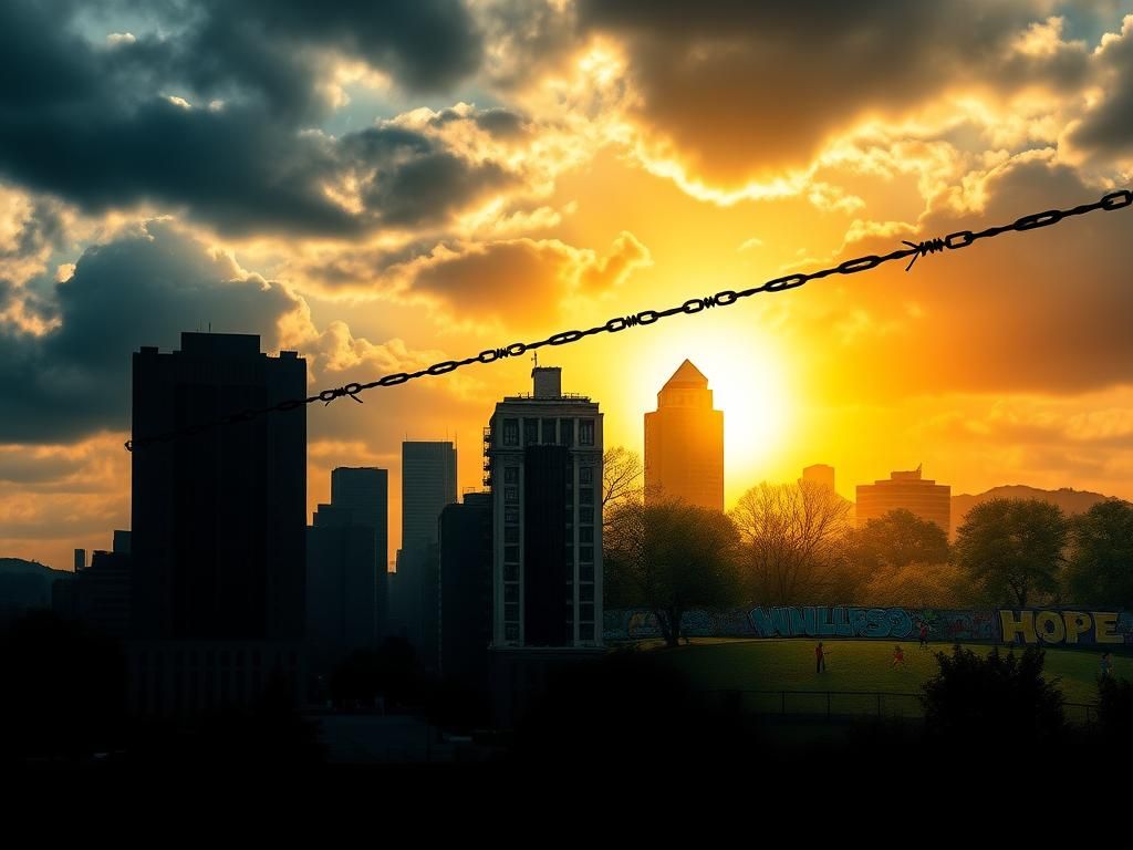 Flick International A dramatic urban landscape showcasing the contrast between crime and peace.