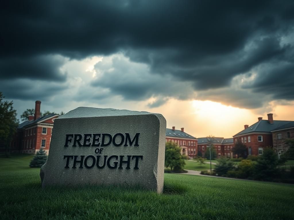 Flick International A stormy sky over Harvard University with a weathered tablet showcasing 'Freedom of Thought'