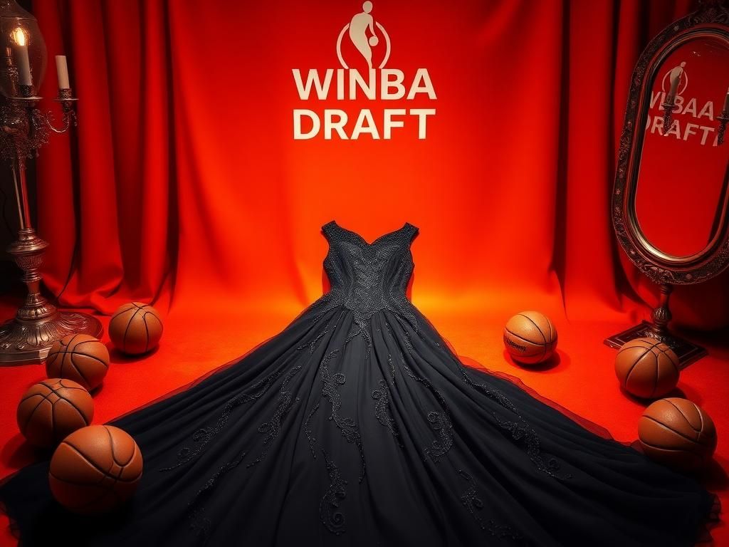 Flick International Elegant black dress on the WNBA Draft red carpet with vibrant orange backdrop