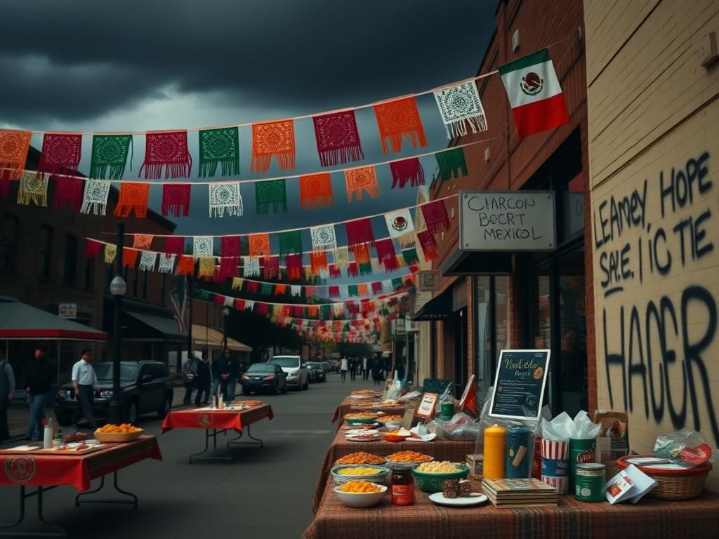 Flick International Vibrant street scene in Chicago's southwest side decorated for Cinco de Mayo, but devoid of people