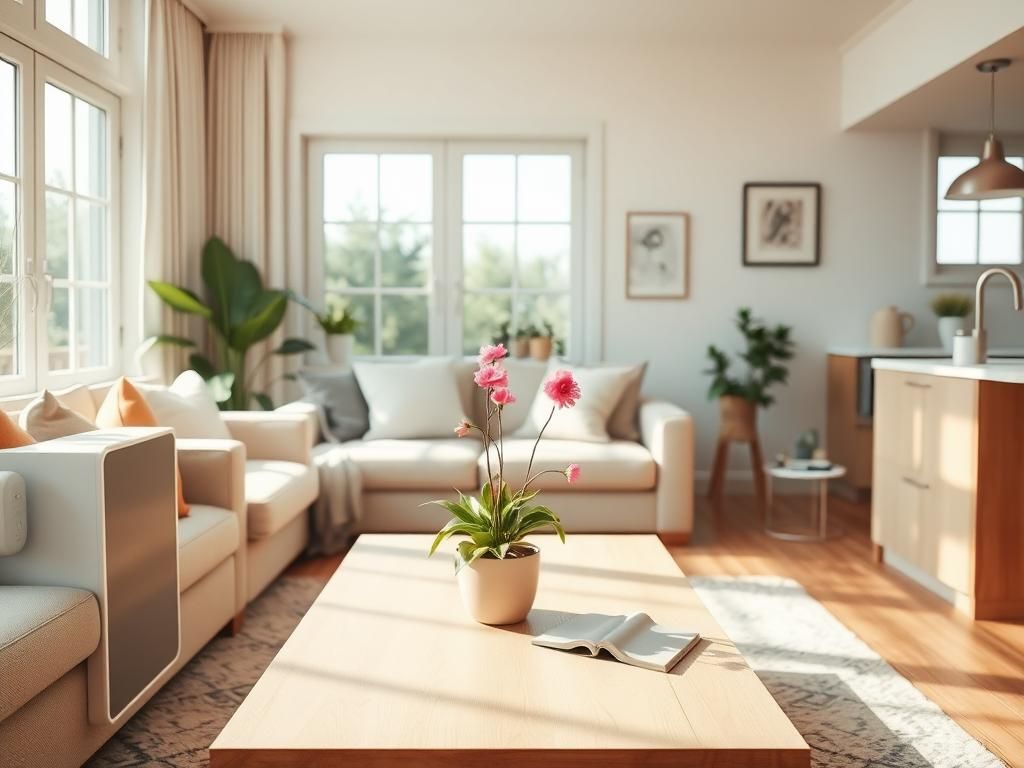 Flick International Cozy and organized living room with light wood coffee table and vibrant plants