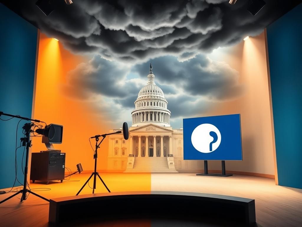 Flick International A split scene depicting public broadcasting with an NPR studio and PBS set