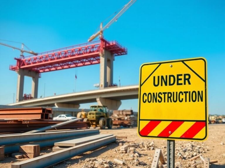 Flick International Busy construction site with a partially constructed bridge under a clear blue sky