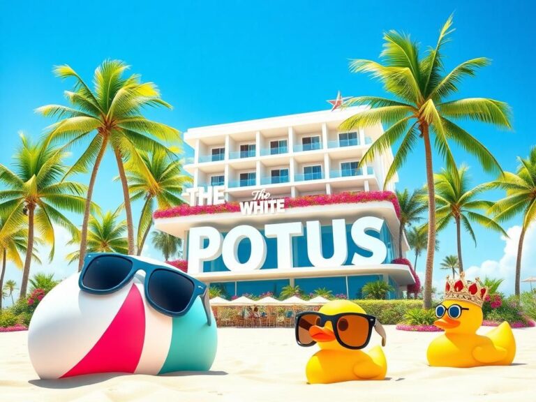 Flick International A vibrant parody scene from 'White Lotus' featuring whimsical hotel signage and oversized beach items.