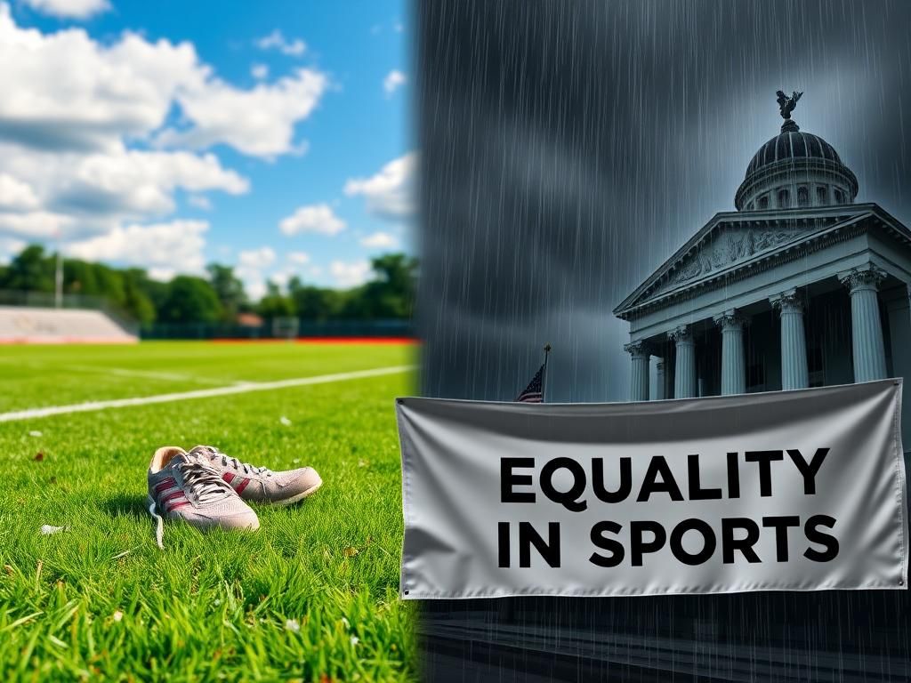 Flick International A split scene featuring a lush sports field with athletic shoes and a dark government building symbolizing the trans athlete controversy