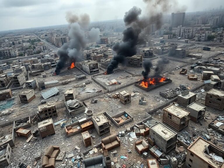 Flick International Aerial view of a devastated urban landscape in Gaza with crumbling buildings and smoke from ongoing military activity