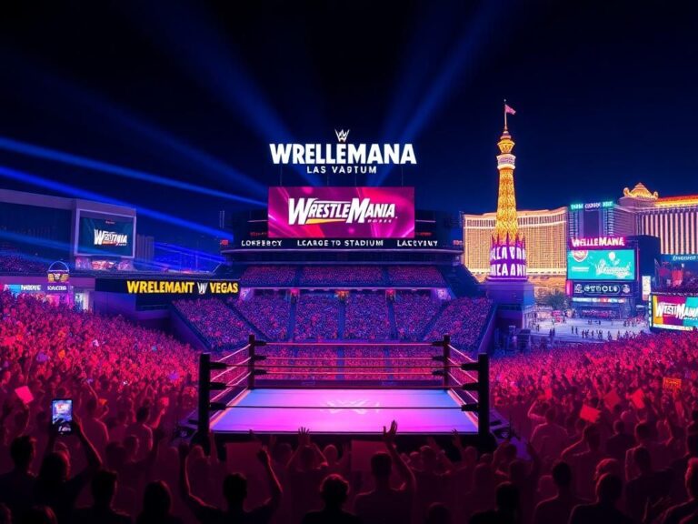 Flick International A vibrant view of Allegiant Stadium at night, illuminated for WrestleMania
