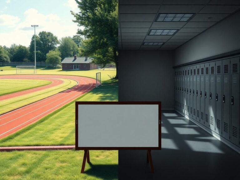 Flick International A split-scene image illustrating contrasting environments in a school setting with a sports field and a dim hallway