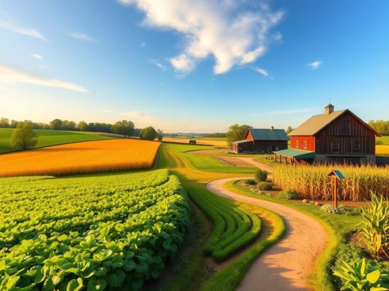 Flick International Picturesque rural landscape at sunrise with lush green fields and a rustic farmhouse