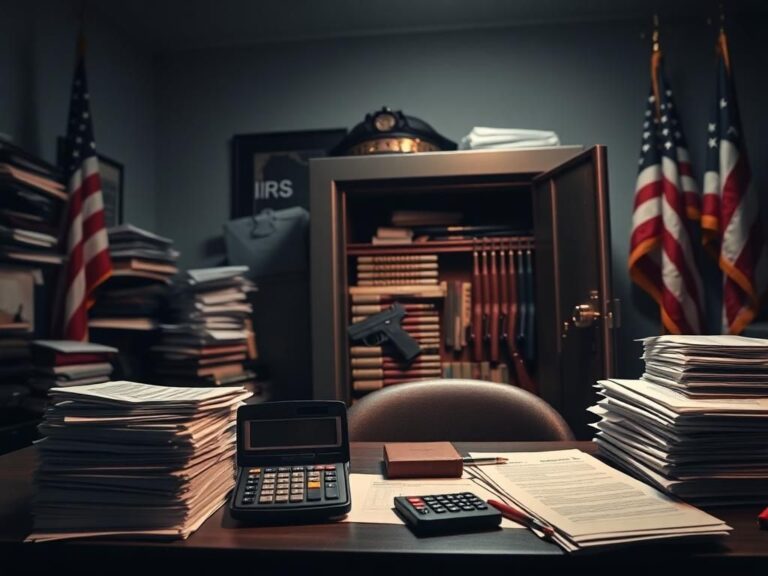 Flick International A cluttered IRS office with stacks of tax papers and an open safe revealing guns and ammunition.