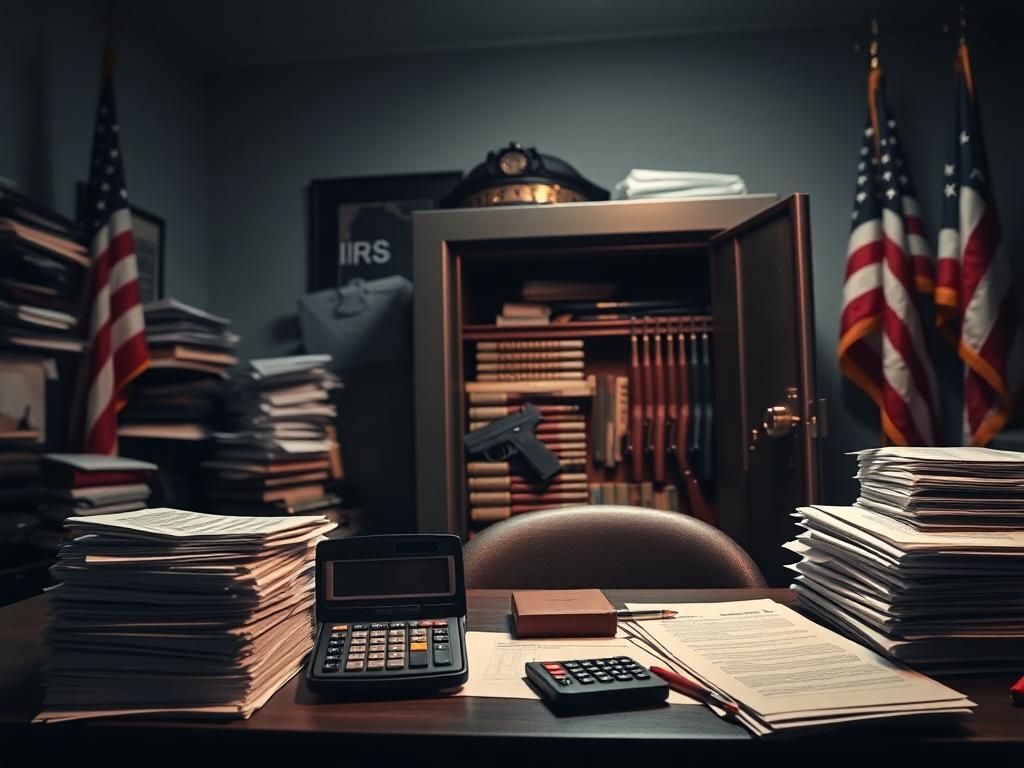 Flick International A cluttered IRS office with stacks of tax papers and an open safe revealing guns and ammunition.