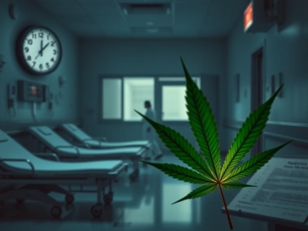 Flick International Hospital emergency room with empty stretchers and cannabis leaf silhouette