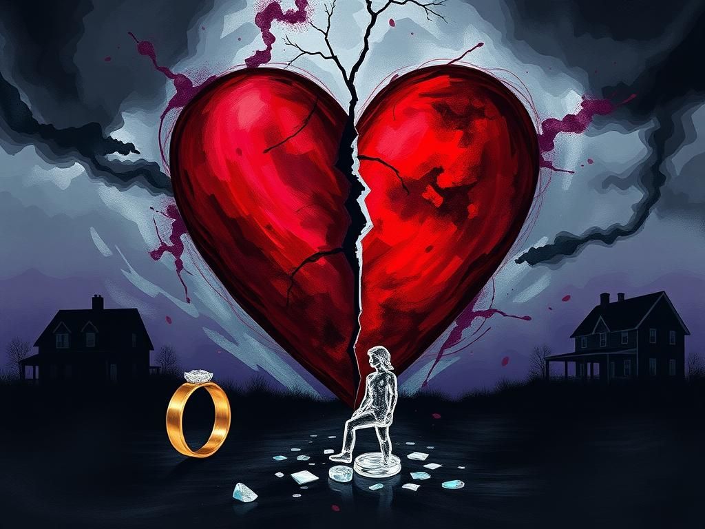 Flick International Abstract representation of chaos and emotional turmoil with a cracked heart and stormy background