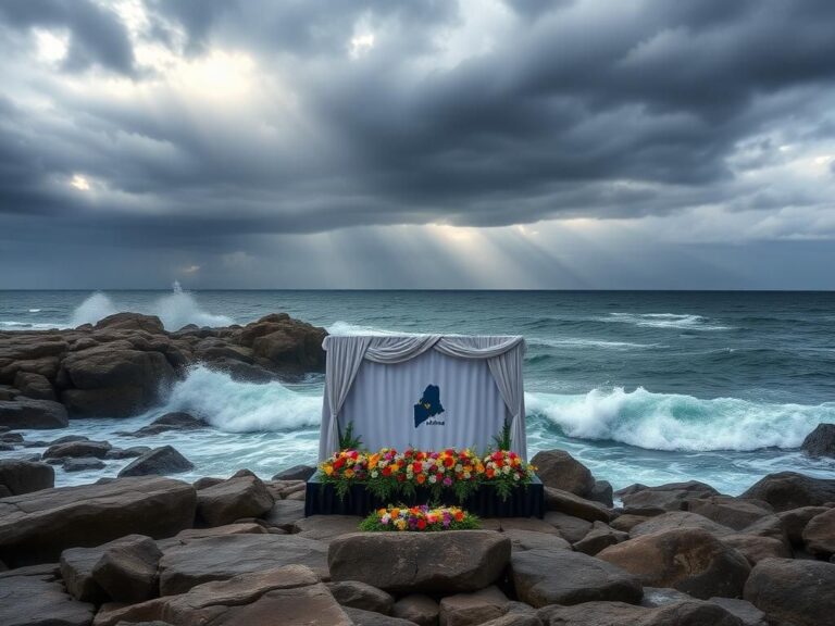 Flick International Dramatic landscape of Maine's rugged coastline with a stormy sky and empty stage for the Miss Maine pageant