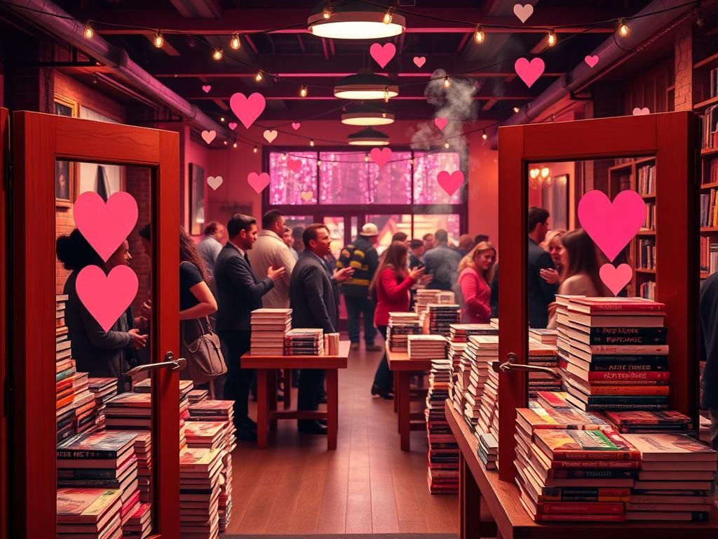 Flick International Cozy indoor book event featuring romance novels with firefighters in the background