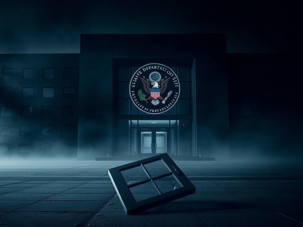 Flick International A darkened office building with the State Department seal, symbolizing closure.