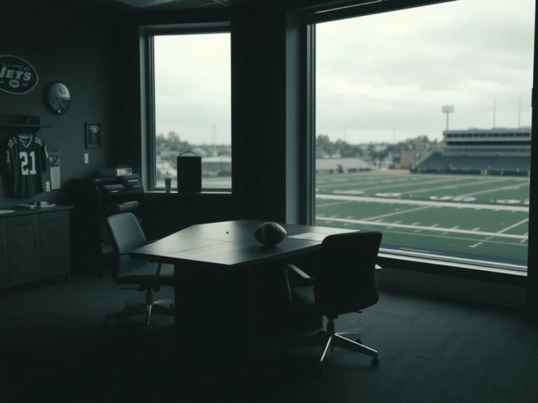 Flick International Dimly lit office room at the New York Jets training facility, featuring empty chairs and a football on the desk