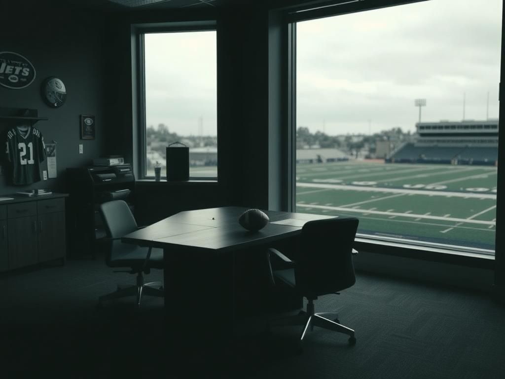 Flick International Dimly lit office room at the New York Jets training facility, featuring empty chairs and a football on the desk