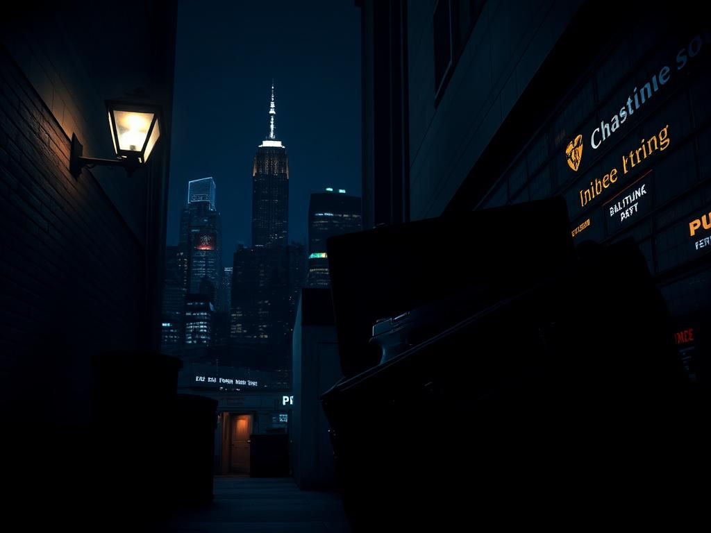 Flick International Urban night scene depicting a shadowy alleyway with a briefcase and ominous items