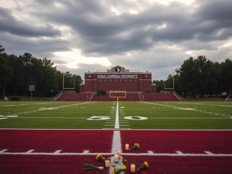 Flick International Somber scene of Florida State University campus with empty football field and memorials