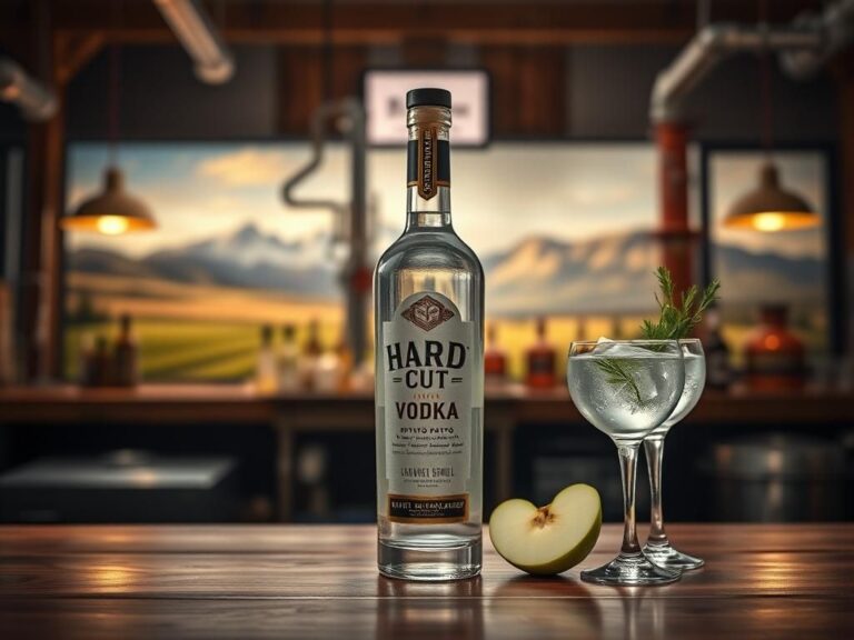 Flick International A beautifully crafted Hard Cut Vodka bottle on a wooden bar with Idaho's potato fields in the background