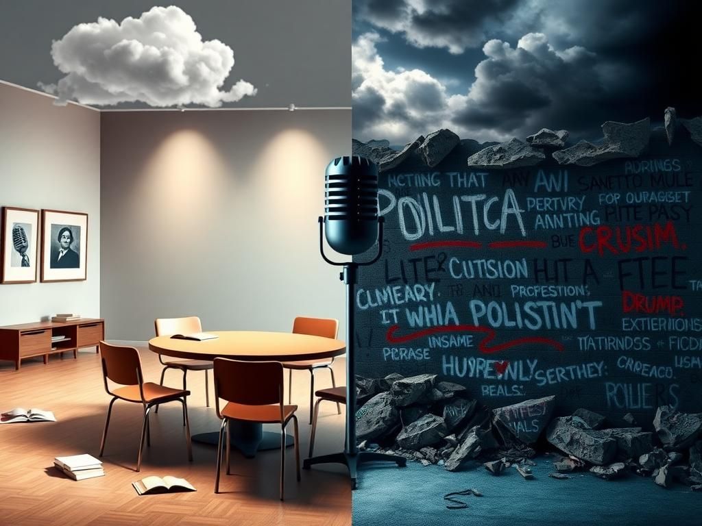 Flick International A split scene showcasing contrasting political landscapes in America with a dialogue space and chaotic environment.