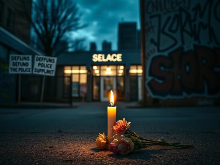 Flick International Somber urban landscape at dusk with protest signs about defunding the police