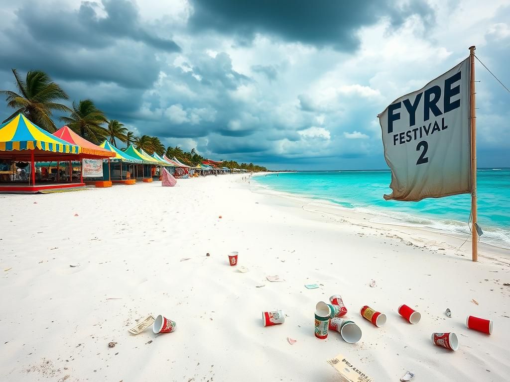 Flick International Empty vendor tents on a beach in Playa del Carmen, Mexico, representing the postponed Fyre Festival 2