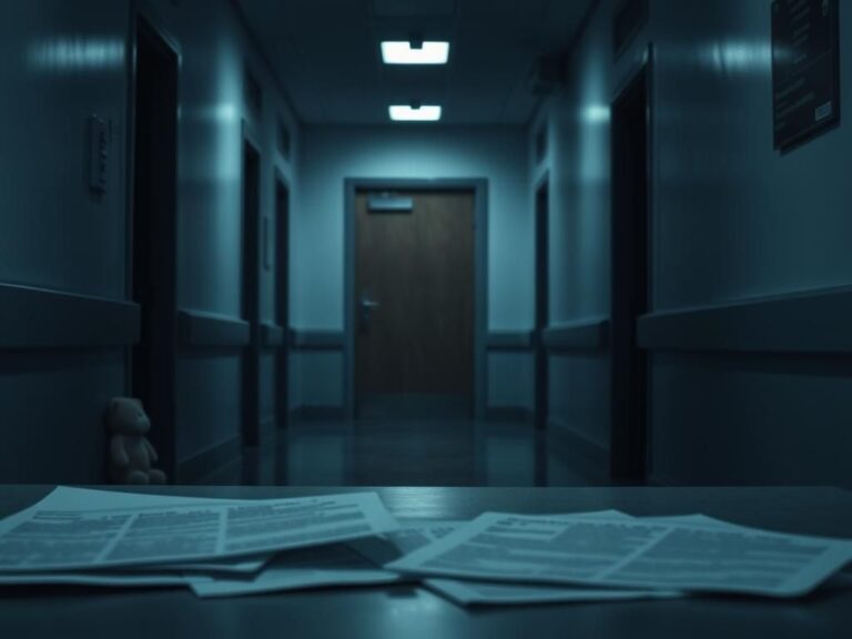 Flick International Dimly lit hospital corridor with a stuffed animal symbolizing lost childhood innocence