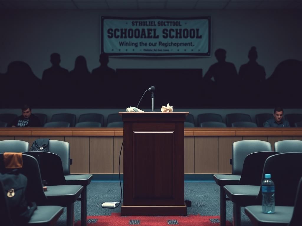 Flick International A somber school board meeting room with a podium, microphone, and crumpled tissues, symbolizing emotional distress over trans athlete issues