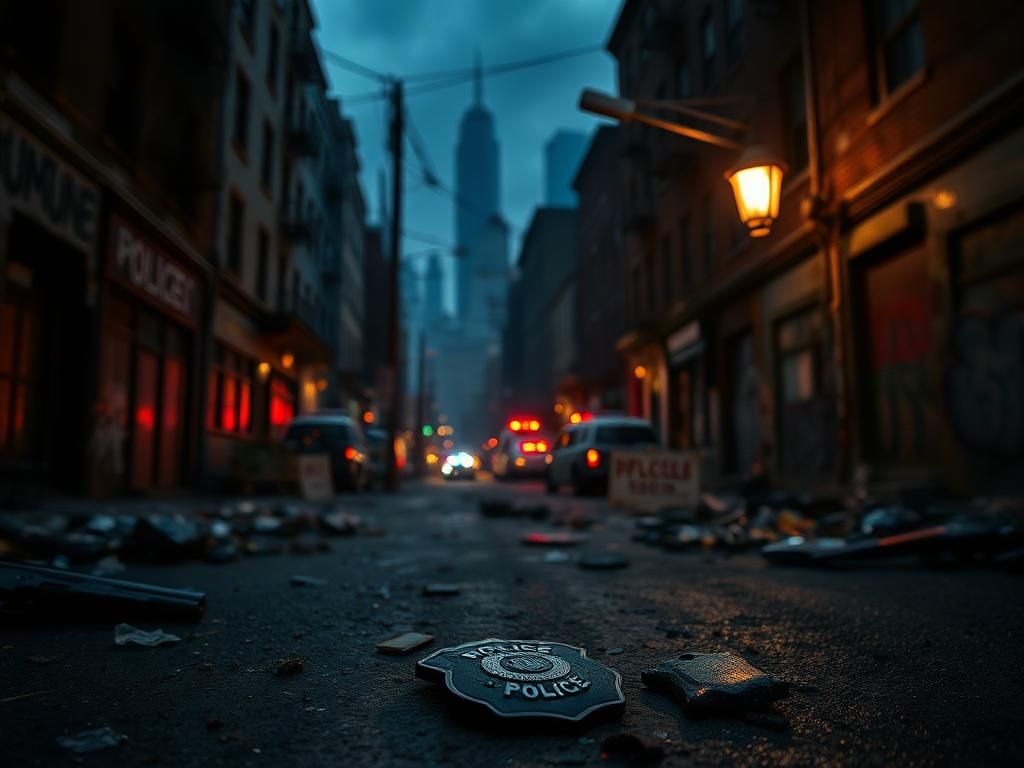 Flick International Dark urban landscape of a New York City neighborhood illustrating crime and law enforcement themes