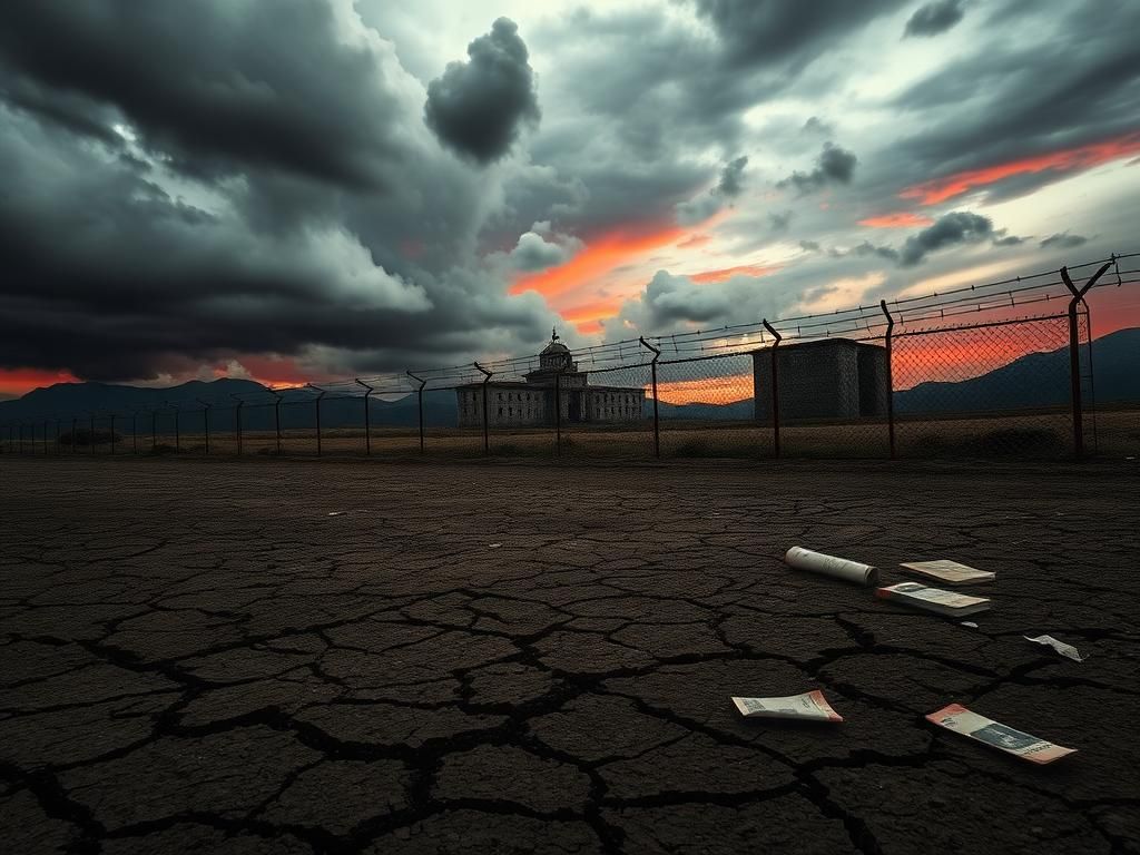 Flick International A somber landscape depicting hardship in El Salvador with a cracked terrain and dilapidated prison