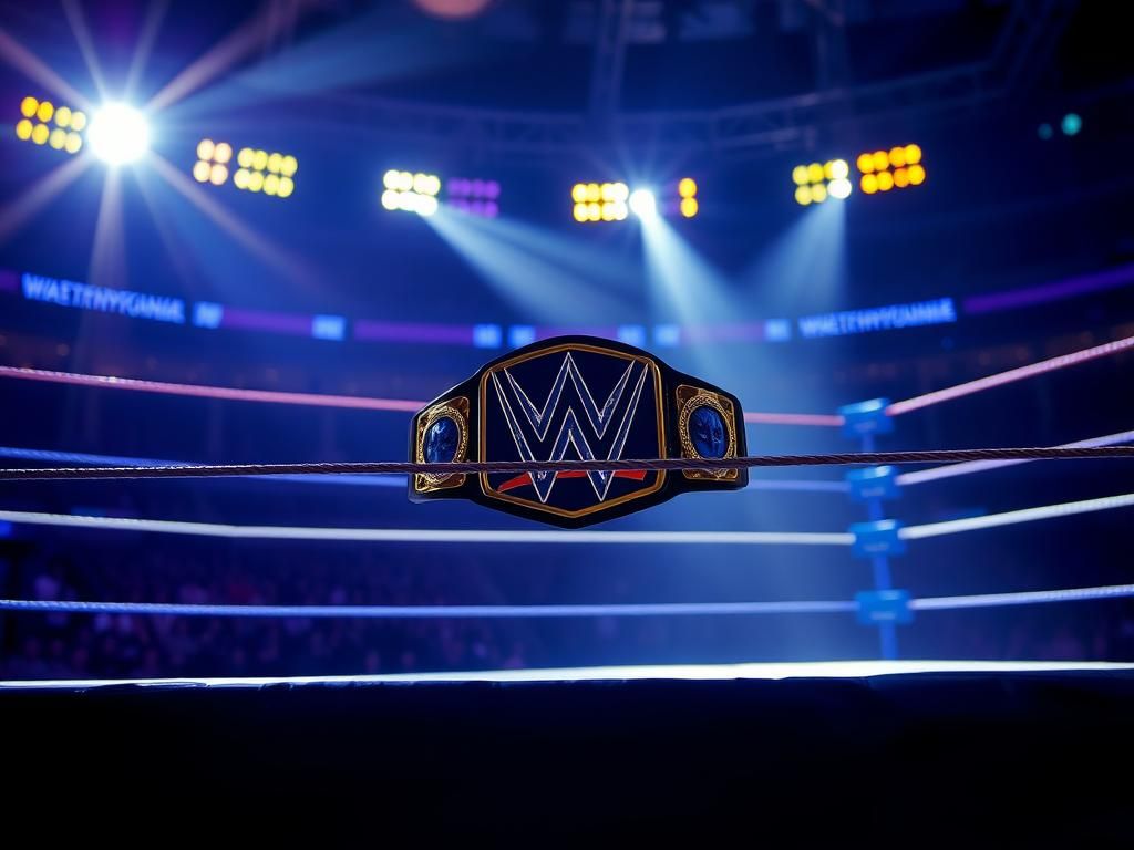 Flick International A wrestling ring highlighted by vibrant floodlights and a championship belt at the center