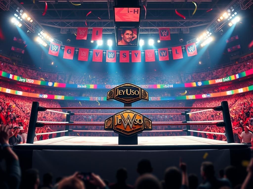 Flick International Dynamic wrestling ring illuminated in a packed stadium with Jey Uso's name prominently displayed
