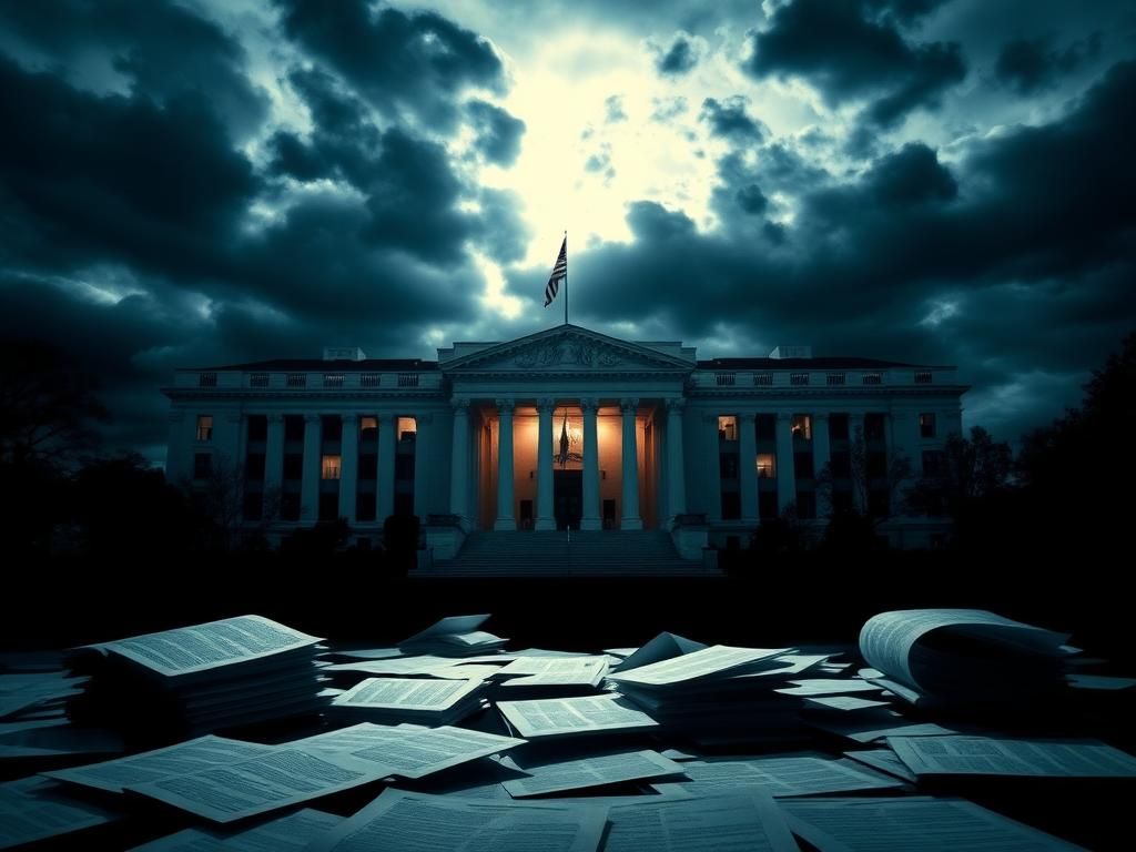 Flick International Dramatic representation of the Pentagon building under dark, swirling clouds