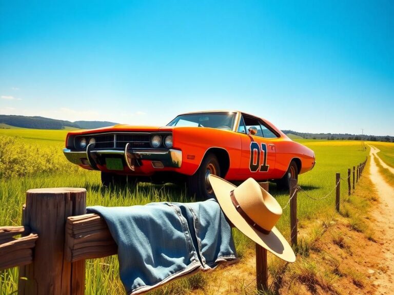 Flick International Iconic General Lee from 'The Dukes of Hazzard' parked in a sunny Georgia landscape