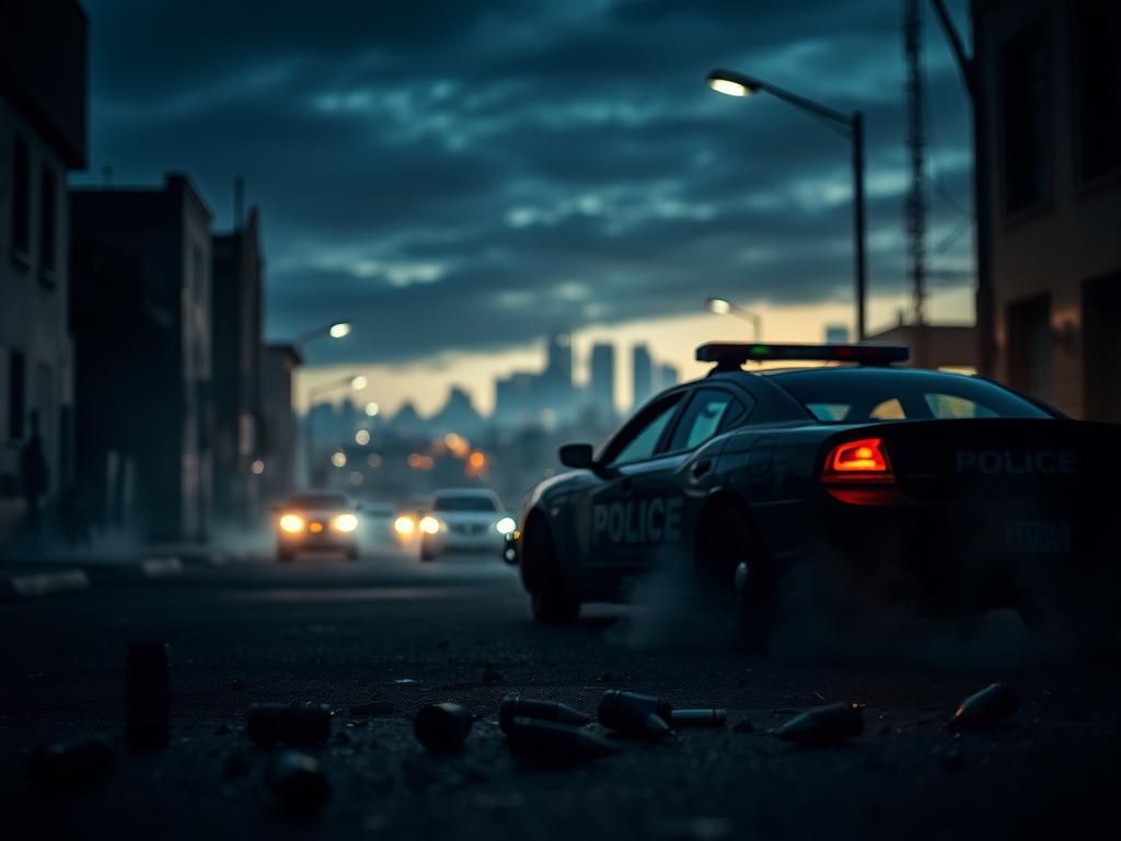 Flick International Abandoned police car in Tijuana street symbolizing chaos and urgency