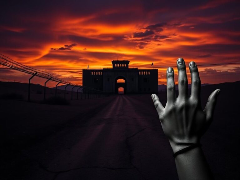 Flick International Dramatic landscape of a crumbling megaprison at sunset in El Salvador