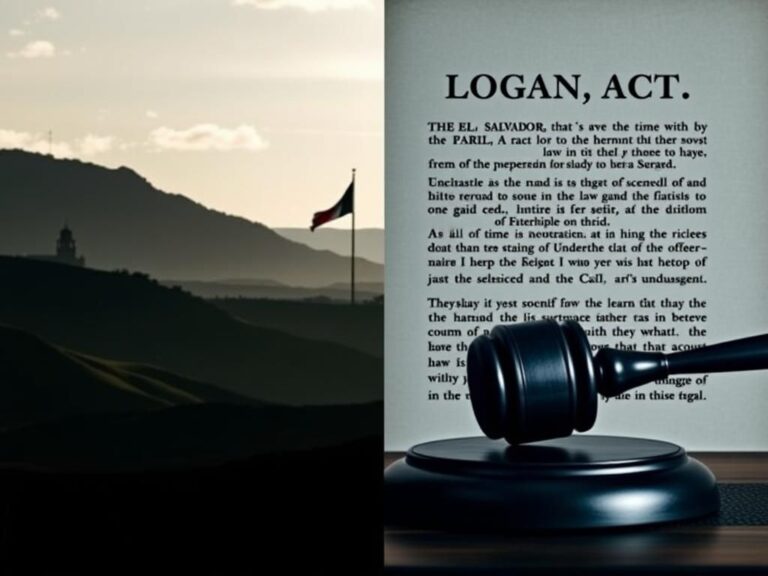 Flick International Silhouette of El Salvador's landscape with national flag and a gavel symbolizing legal controversy