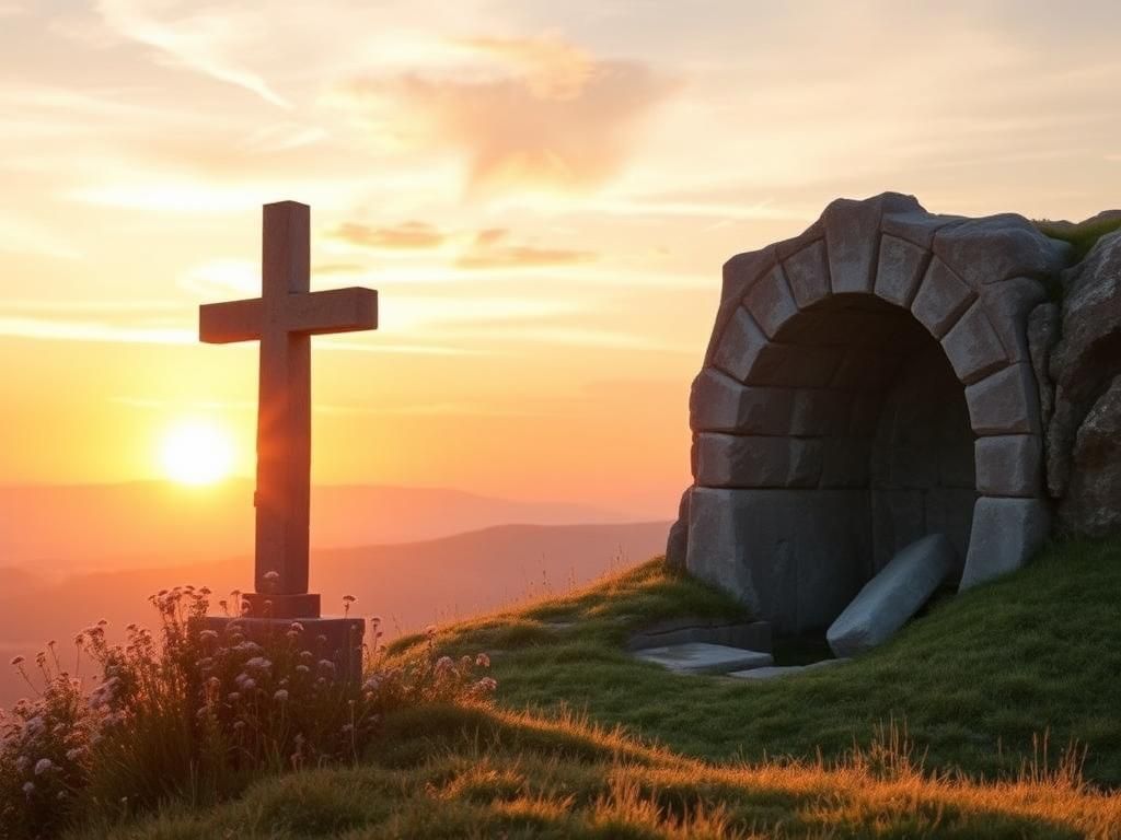 Flick International Sunrise over a tranquil landscape with a stone cross