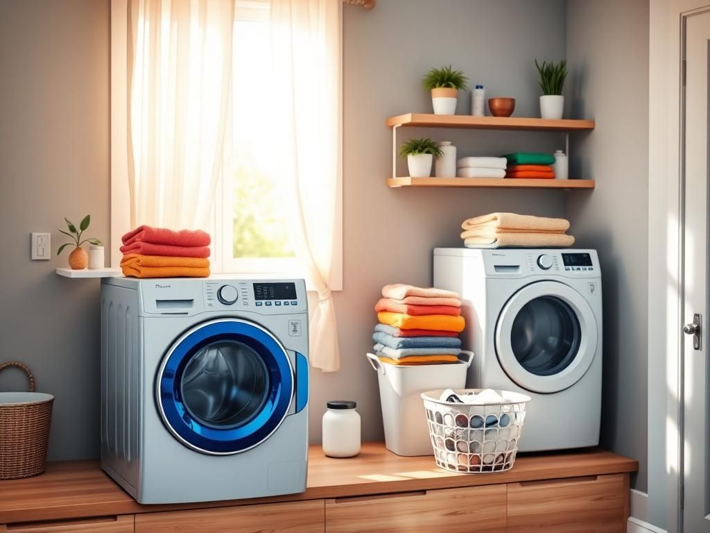 Flick International A modern laundry room featuring a sapphire blue washer and white dryer with colorful laundry