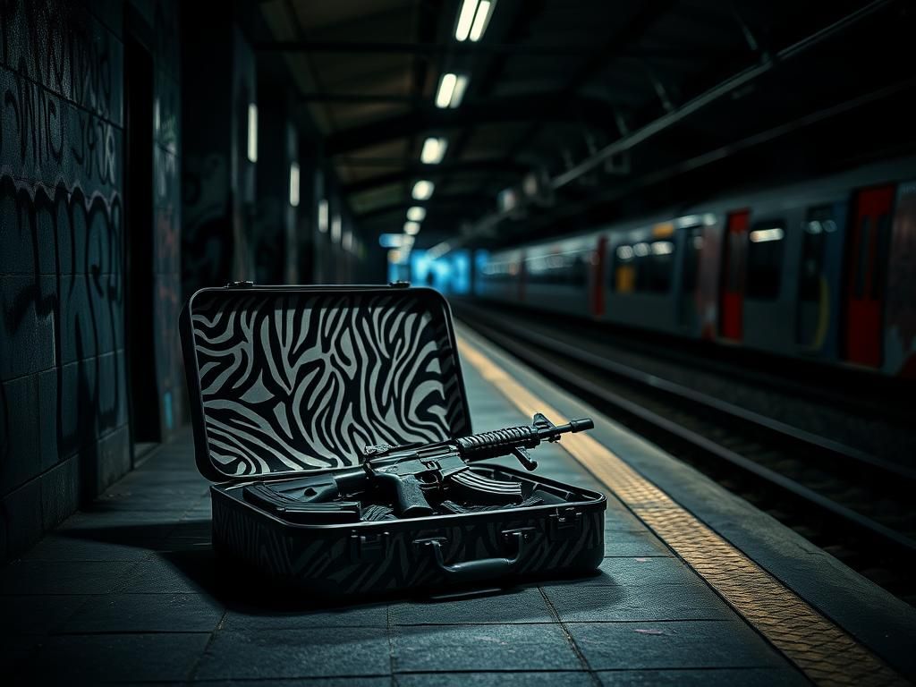 Flick International Dimly lit train station platform with a black and white zebra-print suitcase partially open, revealing weapons