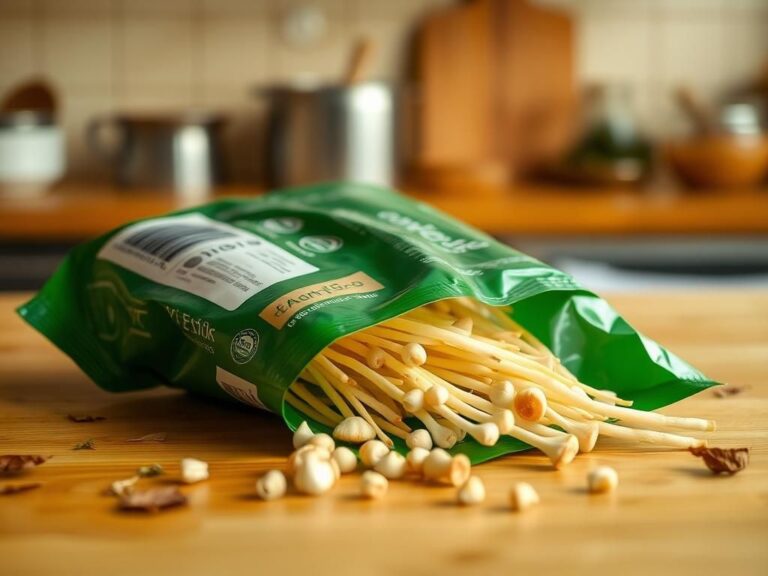 Flick International Close-up of a green plastic package of enoki mushrooms on a wooden kitchen counter