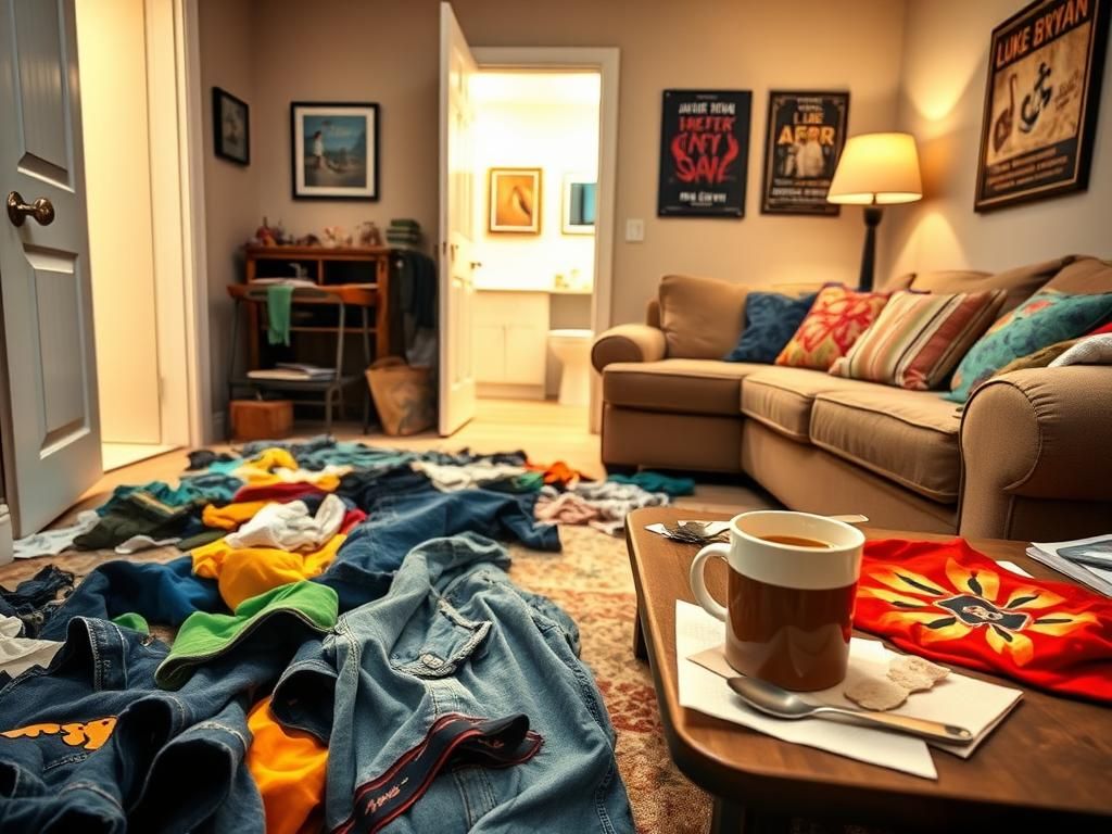 Flick International Cozy living room with scattered clothes symbolizing Jelly Roll's messy habit