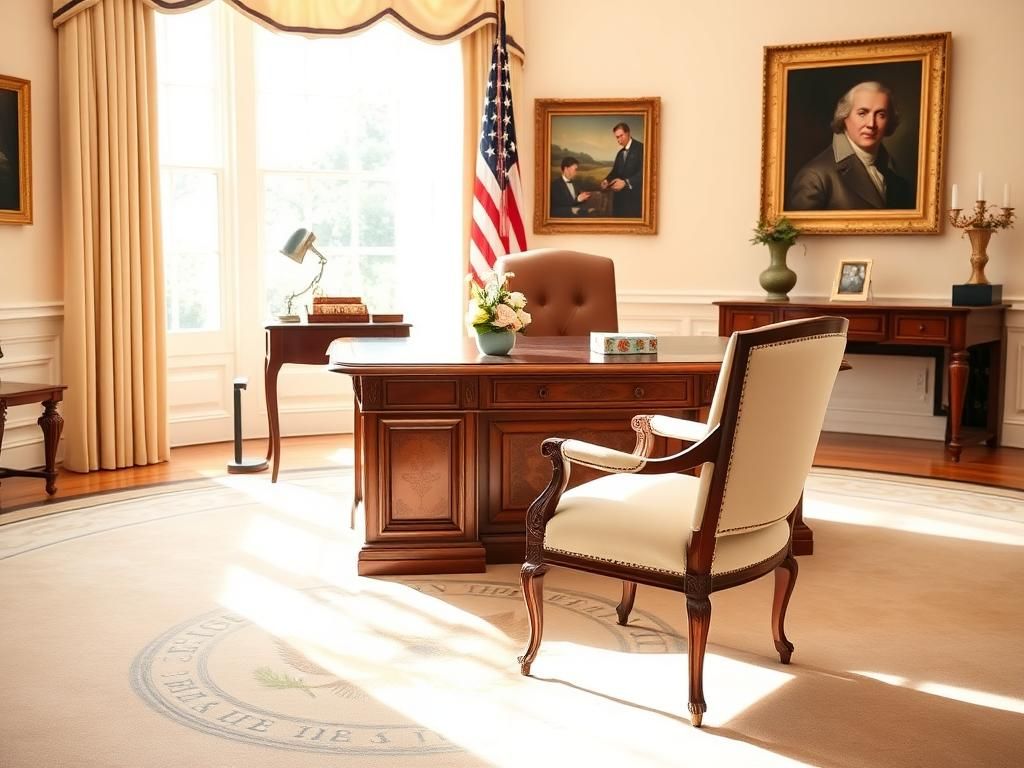 Flick International A serene scene inside the Oval Office showcasing the Resolute Desk with a flower arrangement and inviting color palette