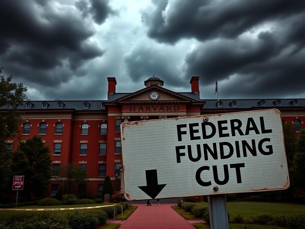Flick International Grand façade of Harvard University with 'Federal Funding Cut' sign